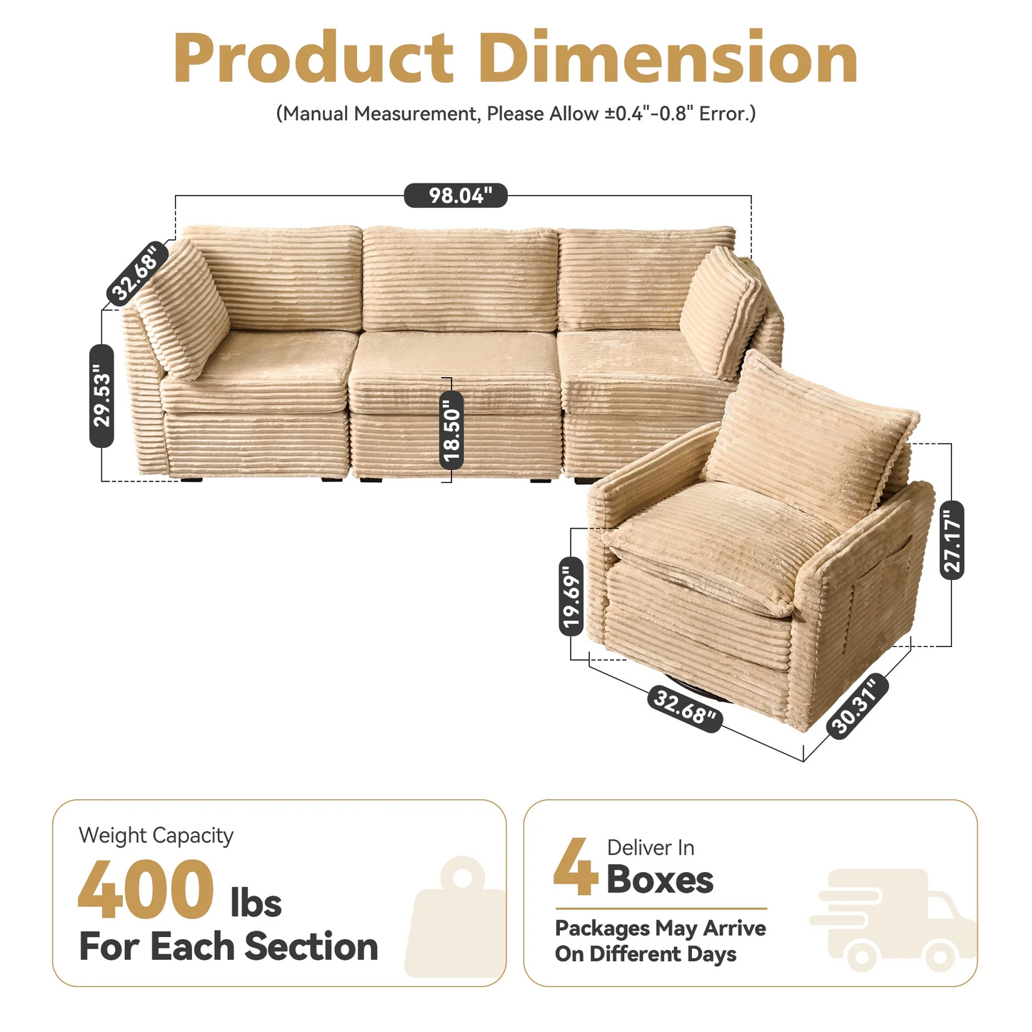 Vcatnet 98" Modular Sectional Sofa Couch Corduroy Cloud Couch Oversized Modern Minimalist Couch with Swivel Accent Chair for Living Room, 4 Seat, Beige