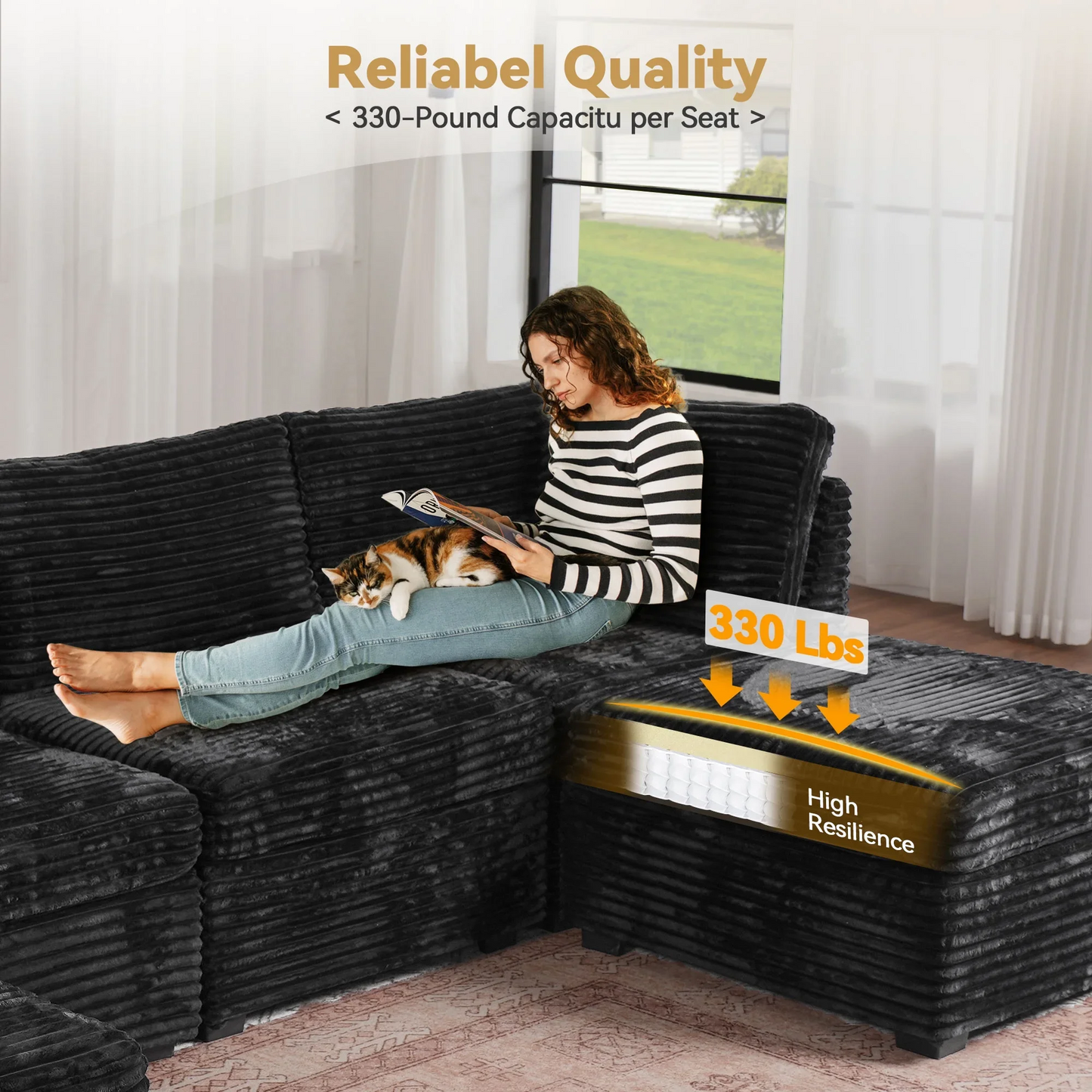 Vcatnet 130.7" Modular Sectional Sofa Cloud Couch Corduroy L Shaped Oversized Modern Minimalist Couch with Deep Seat for Living Room, 5 Seat, Black