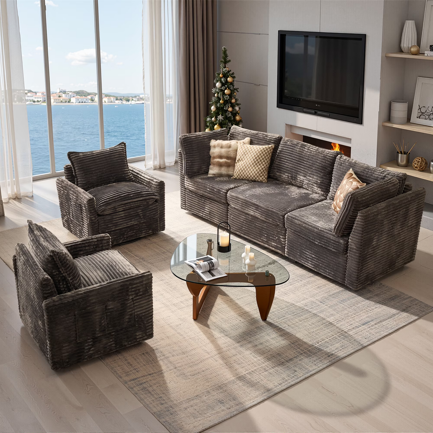 Vcatnet 130.7" Modular Sectional Sofa Couch Corduroy L Shaped Oversized Modern Minimalist Couch with Deep Seat and Ottoman for Living Room