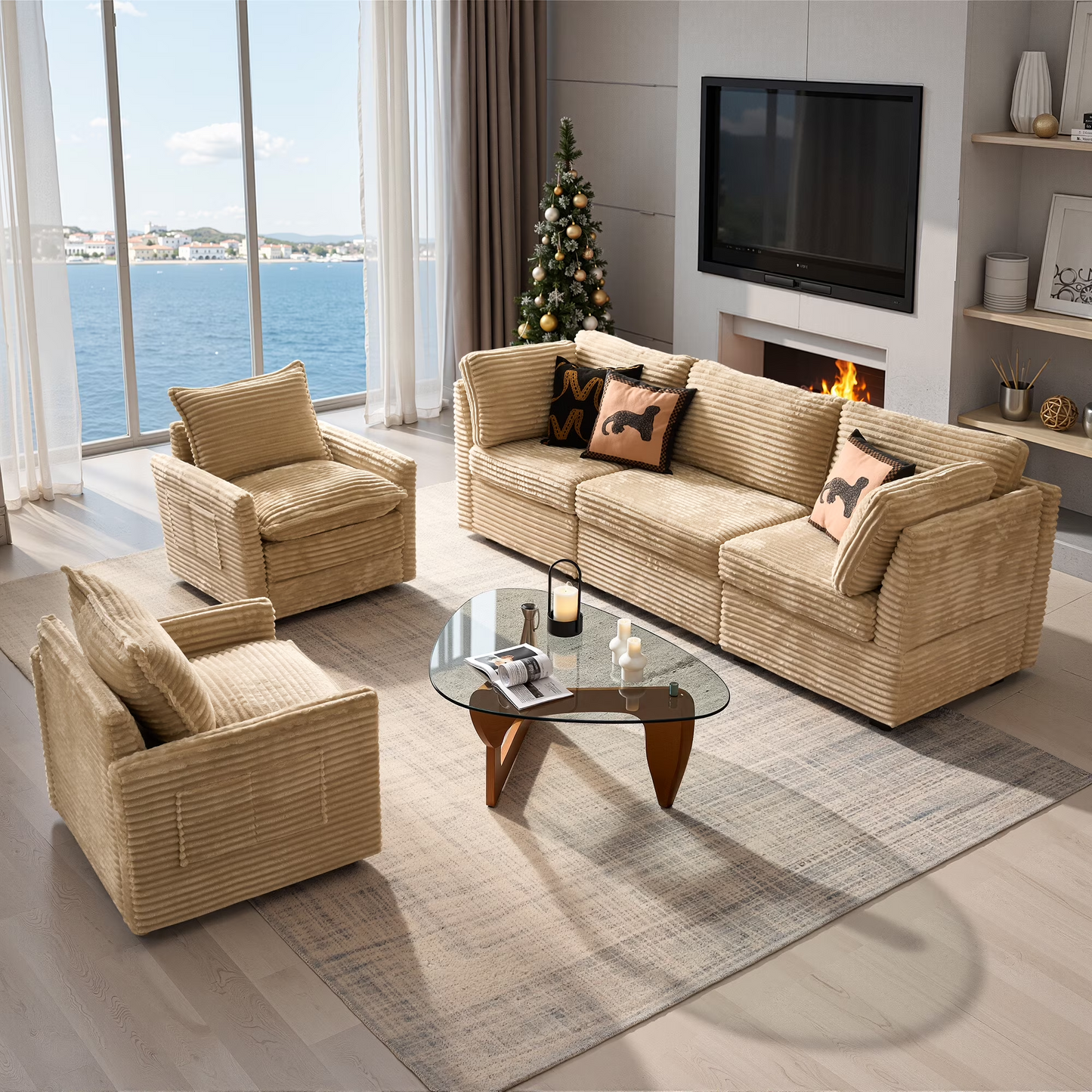 Vcatnet 130.7" Modular Sectional Sofa Couch Corduroy L Shaped Oversized Modern Minimalist Couch with Deep Seat and Ottoman for Living Room