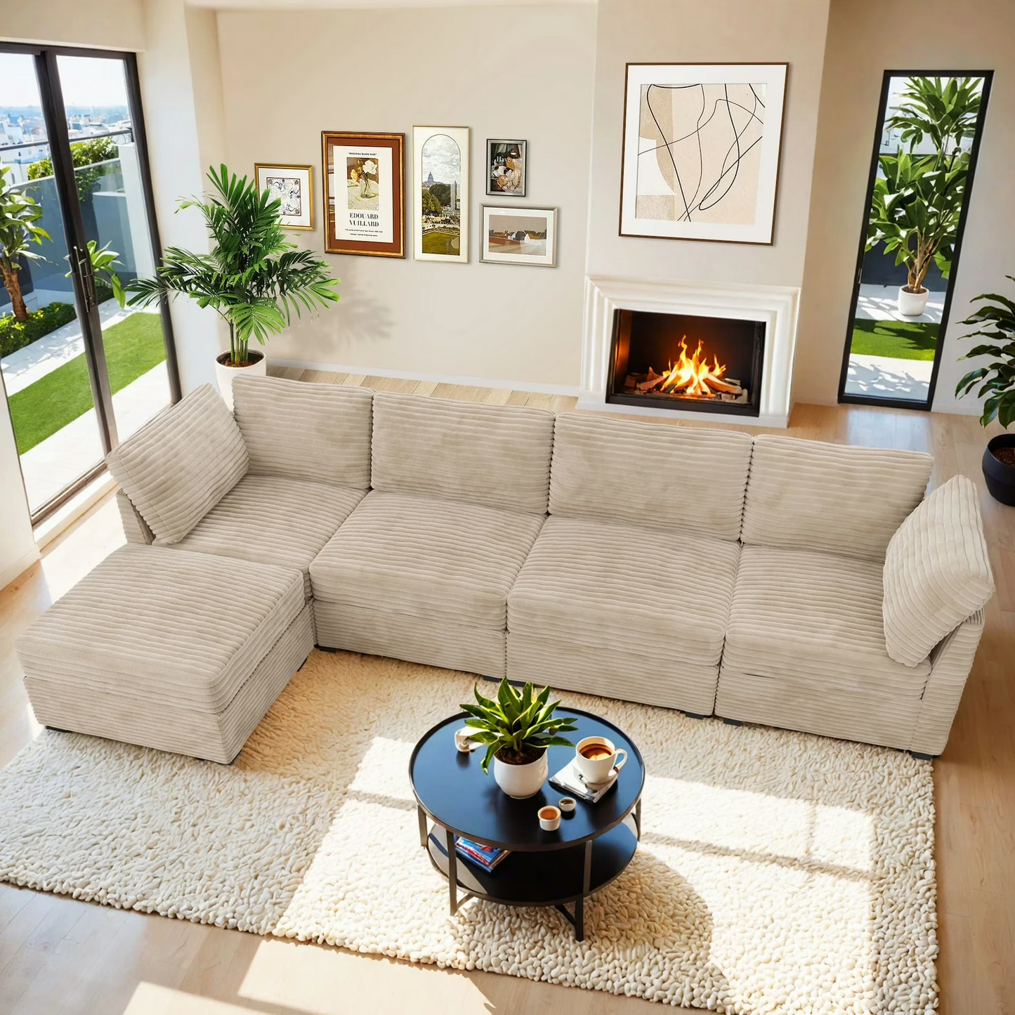 Vcatnet 130.7" Modular Sectional Sofa Couch Corduroy L Shaped Oversized Modern Minimalist Couch with Deep Seat and Ottoman for Living Room