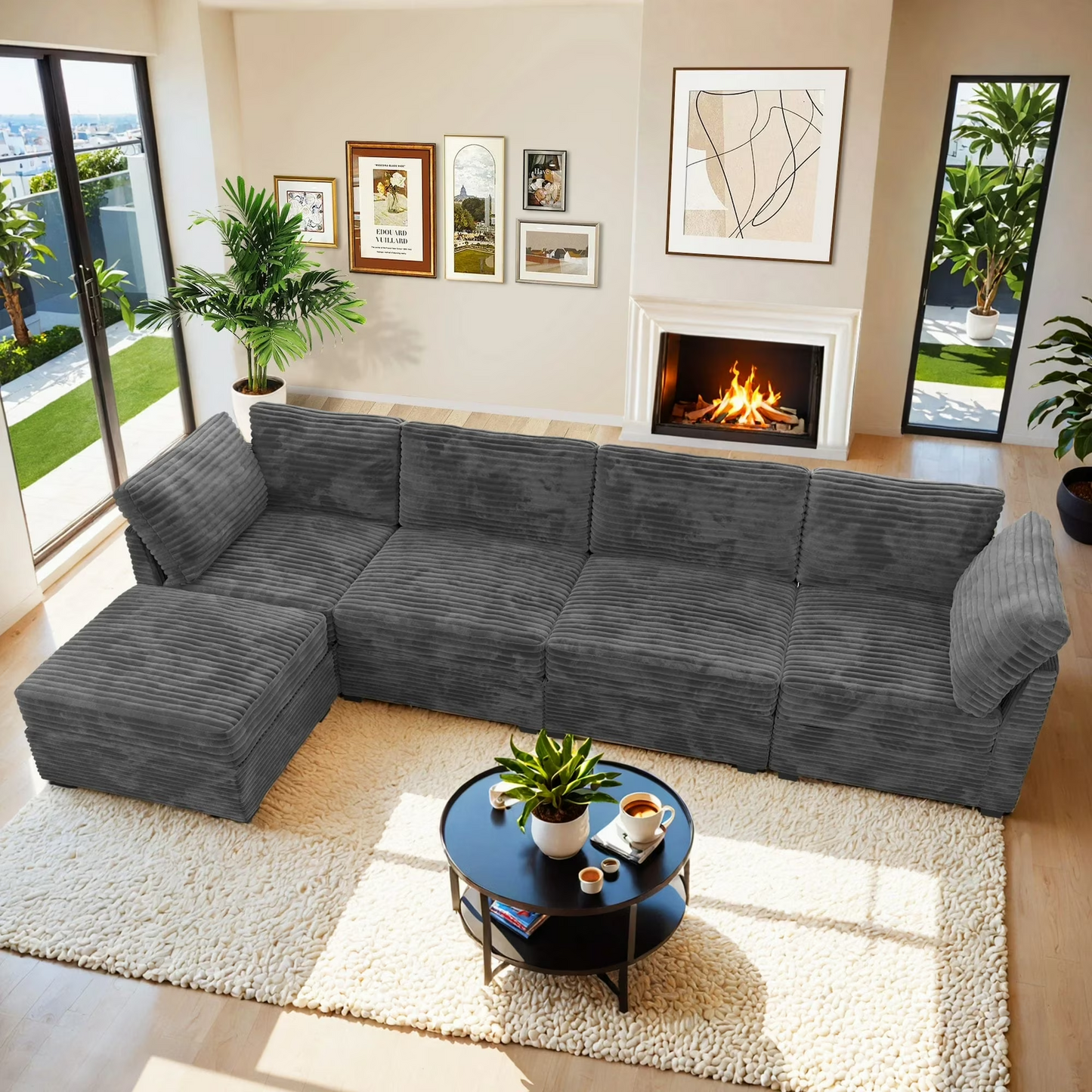 Vcatnet 130.7" Modular Sectional Sofa Couch Corduroy L Shaped Oversized Modern Minimalist Couch with Deep Seat and Ottoman for Living Room