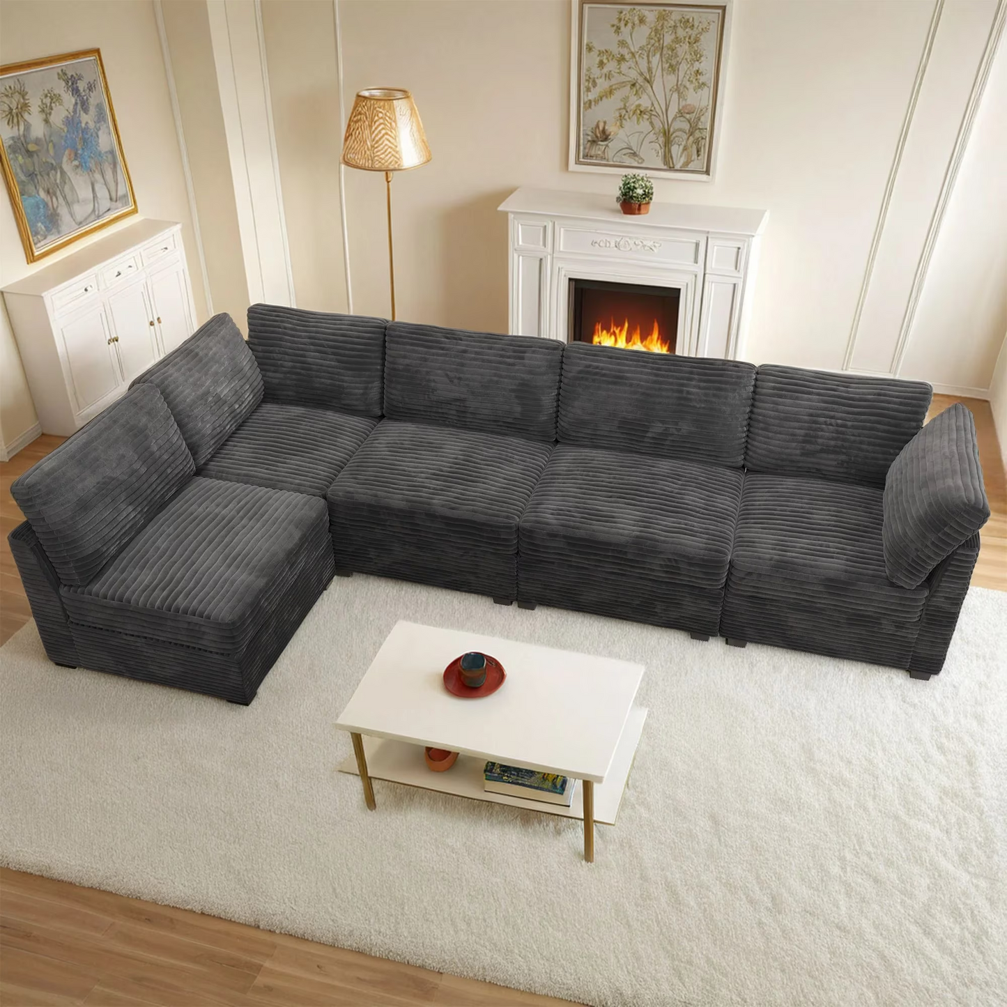Vcatnet 130.7" Modular Sectional Sofa Couch Corduroy L Shaped Oversized Modern Minimalist Couch with Deep Seat and Ottoman for Living Room