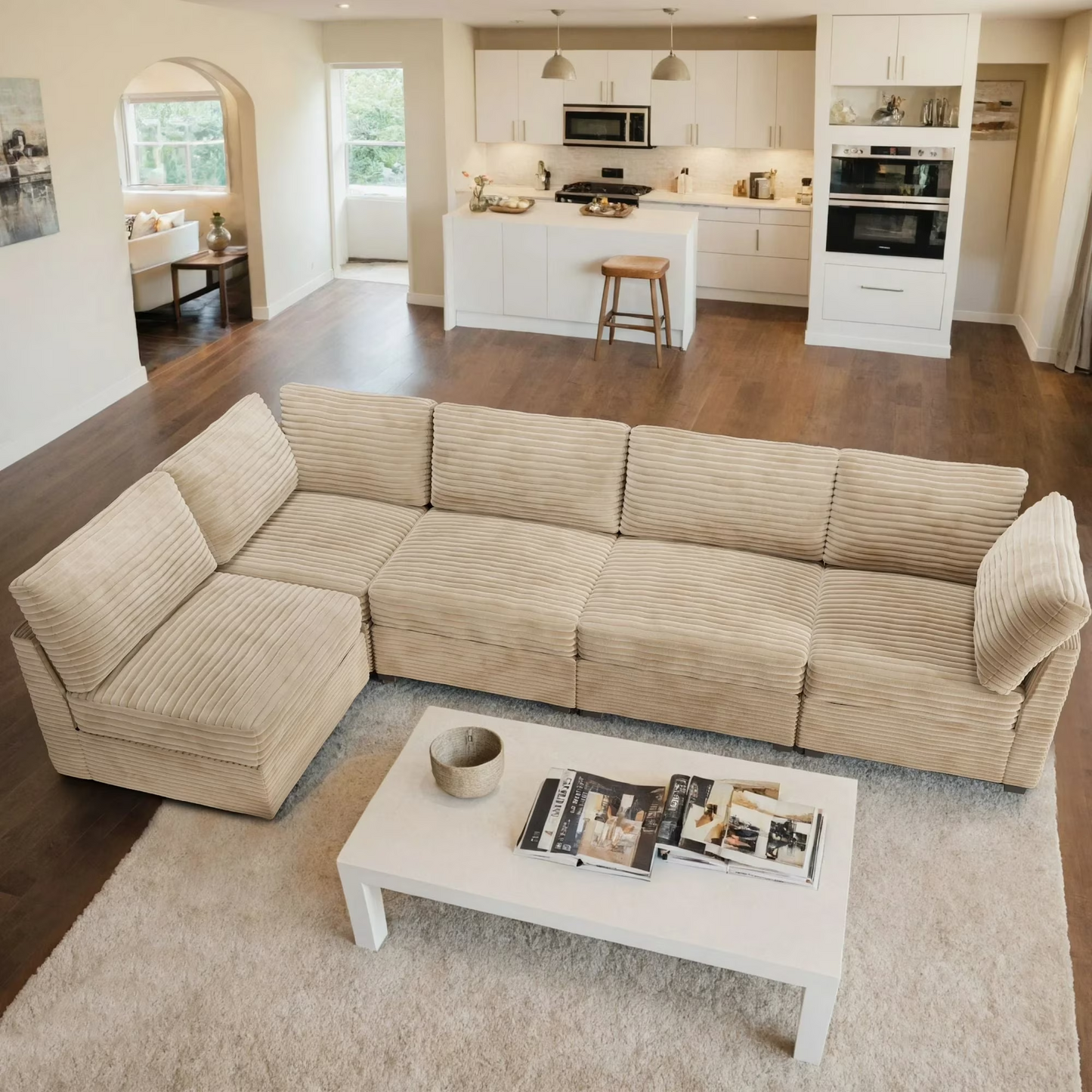 Vcatnet 130.7" Modular Sectional Sofa Cloud Couch Corduroy L Shaped Oversized Modern Minimalist Couch with Deep Seat for Living Room, 5 Seat, Beige