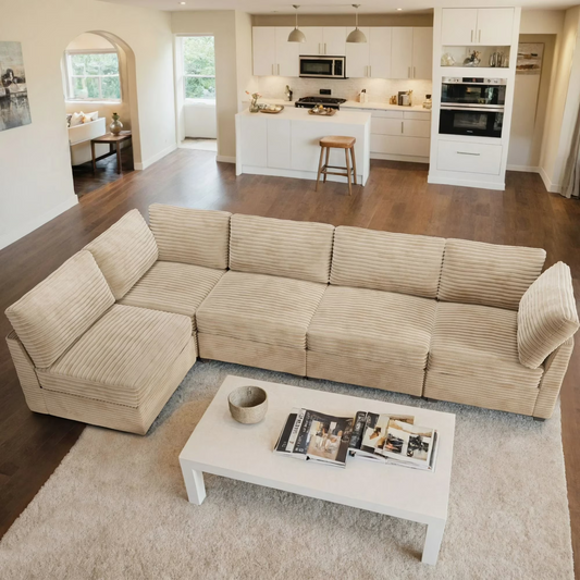 Vcatnet 130.7" Modular Sectional Sofa Cloud Couch Corduroy L Shaped Oversized Modern Minimalist Couch with Deep Seat for Living Room, 5 Seat, Beige