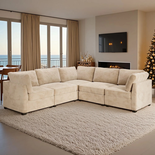 Vcatnet 130.7" Modular Sectional Sofa Cloud Couch Corduroy L Shaped Oversized Modern Minimalist Couch with Deep Seat for Living Room, 5 Seat, Beige