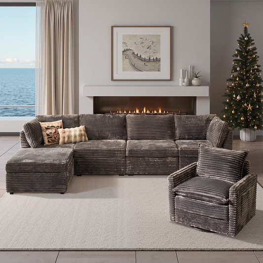 Vcatnet 130.7" Modular Sectional Sofa Couch Corduroy Cloud Couch Oversized Modern Minimalist Couch with Swivel Accent Chair and Ottoman for Living Room, 5 Seat, Gray