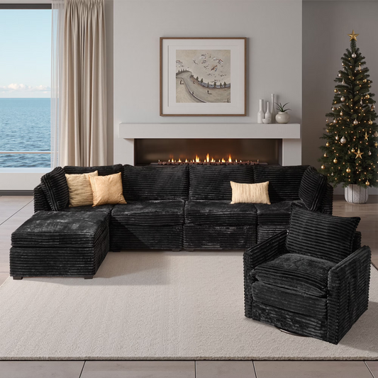 Vcatnet 130.7" Modular Sectional Sofa Couch Corduroy Cloud Couch Oversized Modern Minimalist Couch with Swivel Accent Chair and Ottoman for Living Room, 5 Seat, Black