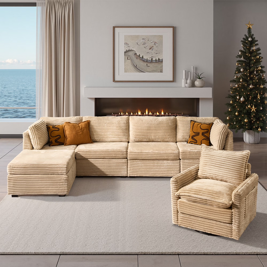 Vcatnet 130.7" Modular Sectional Sofa Couch Corduroy Cloud Couch Oversized Modern Minimalist Couch with Swivel Accent Chair and Ottoman for Living Room, 5 Seat, Beige