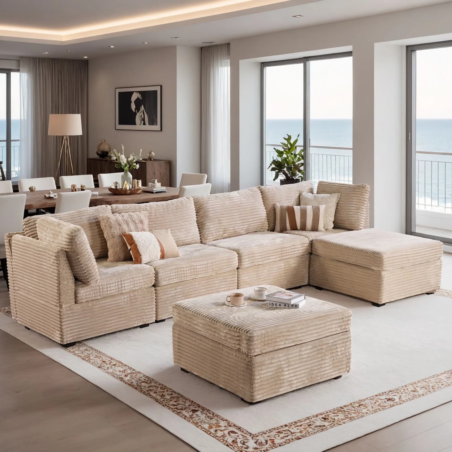 Vcatnet 130.7" Modular Sectional Sofa Couch Corduroy L Shaped Oversized Modern Minimalist Couch with Deep Seat and Ottoman for Living Room