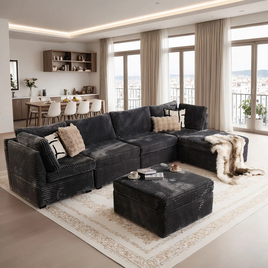 Vcatnet 130.7" Modular Sectional Sofa Couch Corduroy L Shaped Oversized Modern Minimalist Couch with Deep Seat and Ottoman for Living Room, 4 Seat, Gray