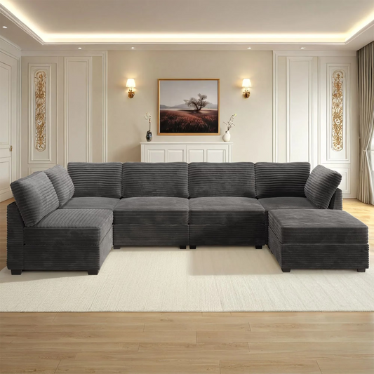 Vcatnet 130.7" Modular Sectional Sofa Couch Corduroy L Shaped Oversized Modern Minimalist Cloud Couch with Deep Seat and Ottoman for Living Room, 5 Seat, Gray
