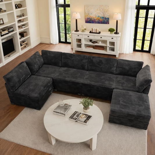 Vcatnet 130.7" Modular Sectional Sofa Couch Corduroy L Shaped Oversized Modern Minimalist Cloud Couch with Deep Seat and Ottoman for Living Room, 5 Seat, Black