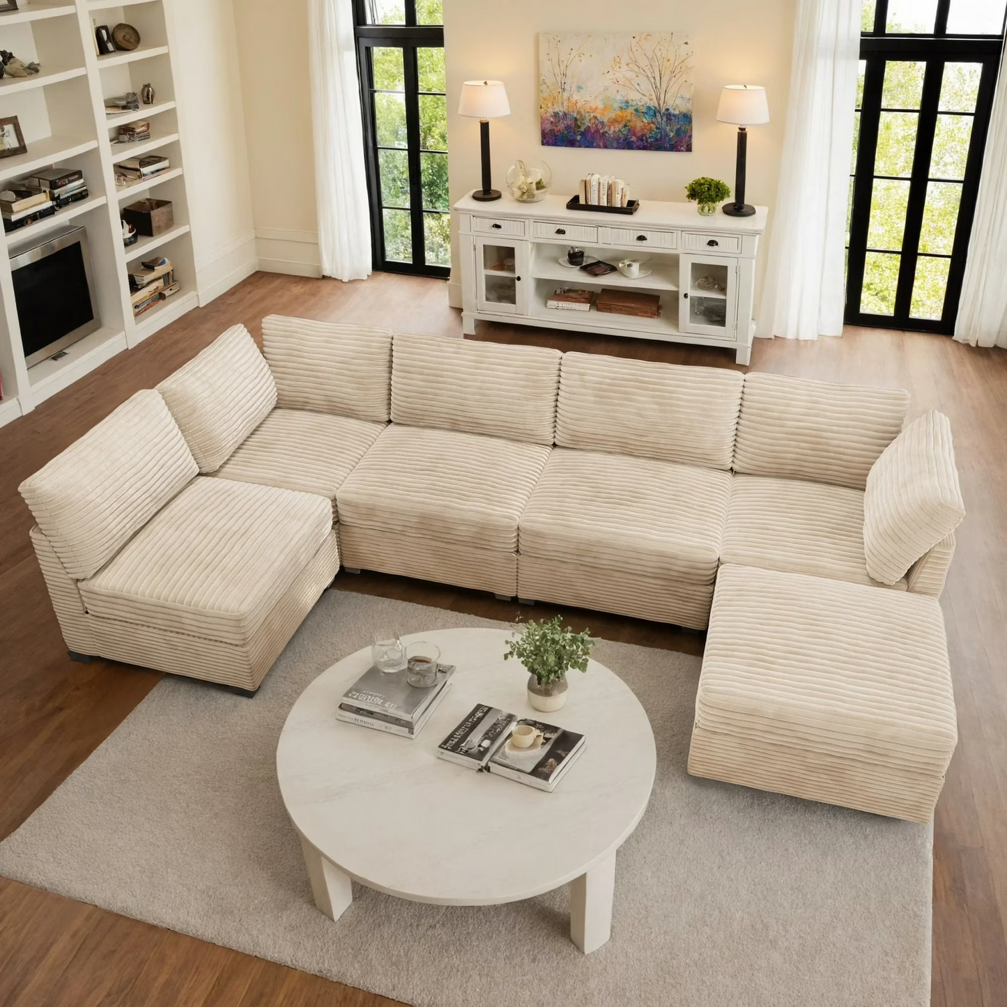 Vcatnet 130.7" Modular Sectional Sofa Couch Corduroy L Shaped Oversized Modern Minimalist Cloud Couch with Deep Seat and Ottoman for Living Room, 5 Seat, Beige