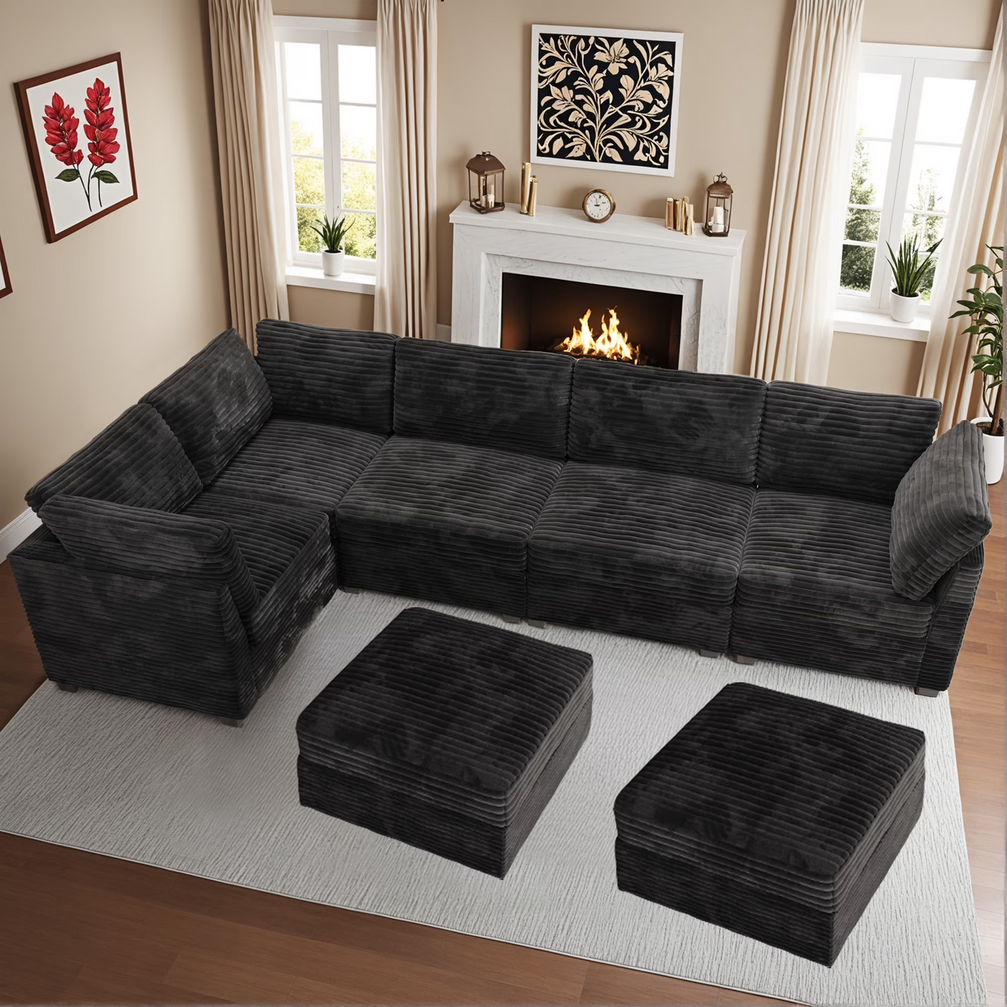 Vcatnet 130.7" Modular Sectional Sofa Couch Corduroy L Shaped Oversized Modern Minimalist Couch with Deep Seat and Ottoman for Living Room