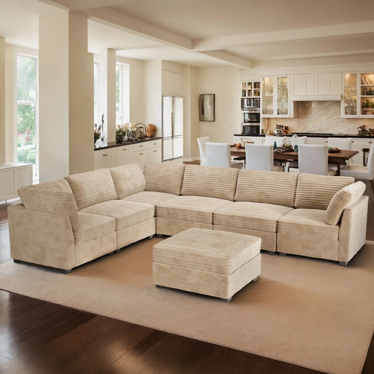 Vcatnet 130.7" Modular Sectional Sofa Couch Corduroy L Shaped Oversized Modern Minimalist Cloud Couch with Deep Seat and Ottoman for Living Room, 6 Seat, Beige