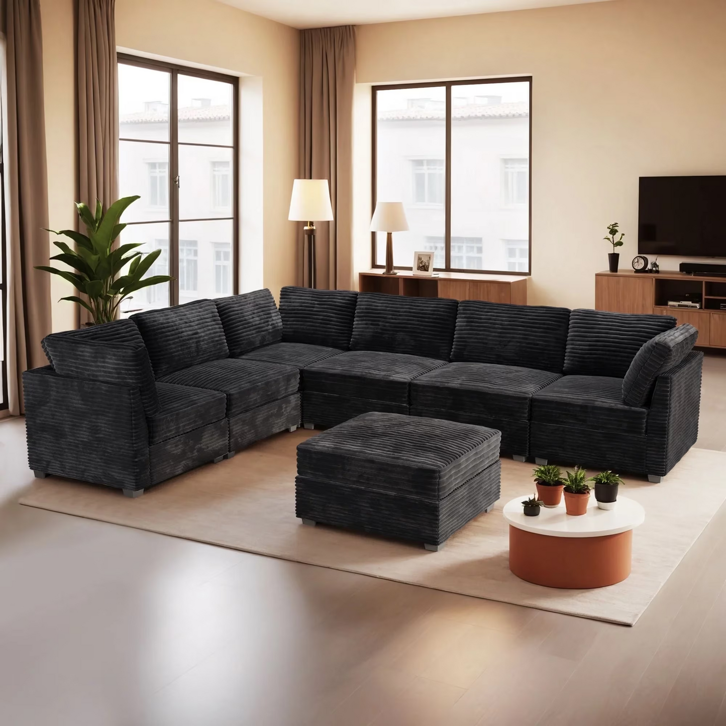 Vcatnet 130.7" Modular Sectional Sofa Couch Corduroy L Shaped Oversized Modern Minimalist Couch with Deep Seat and Ottoman for Living Room