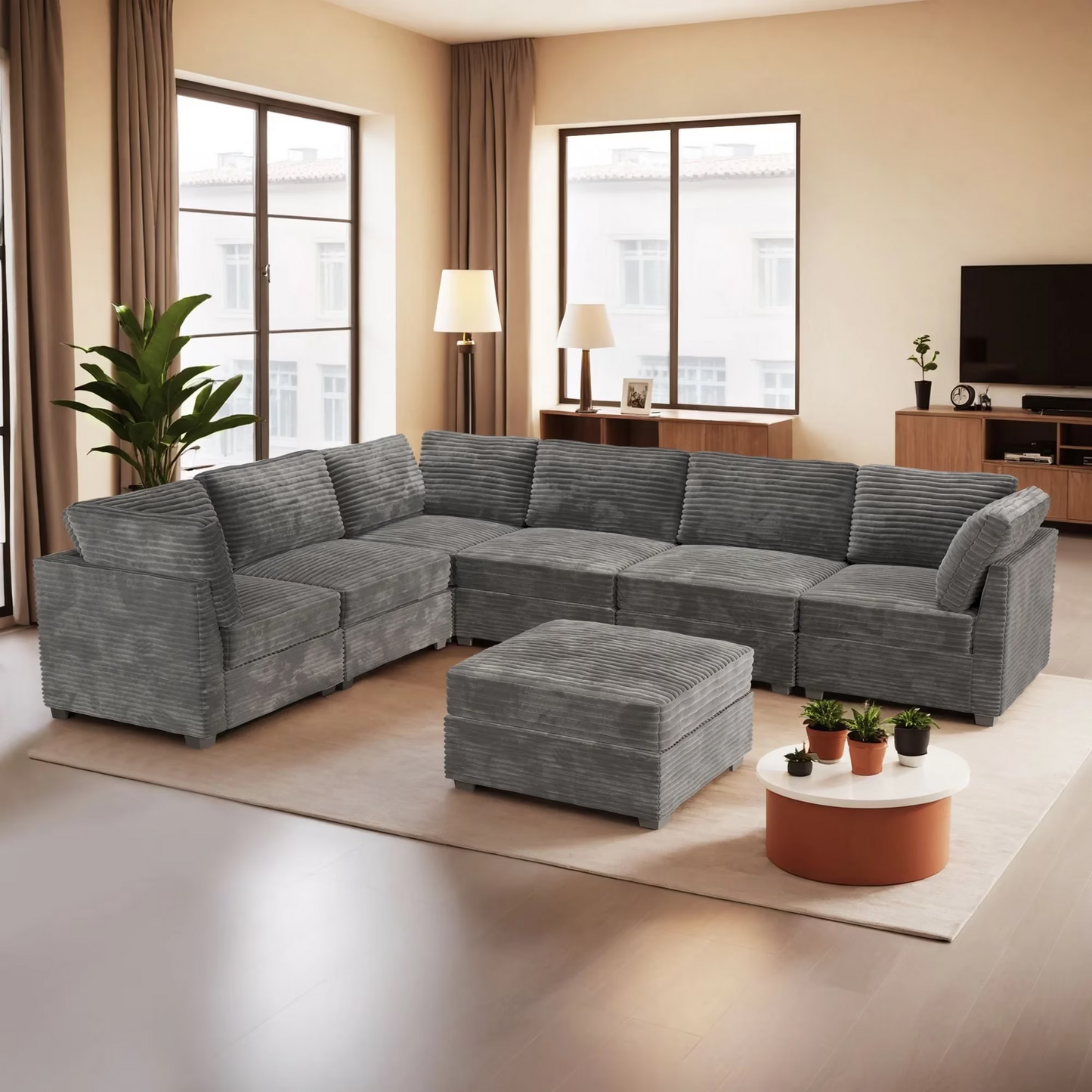Vcatnet 130.7" Modular Sectional Sofa Couch Corduroy L Shaped Oversized Modern Minimalist Couch with Deep Seat and Ottoman for Living Room