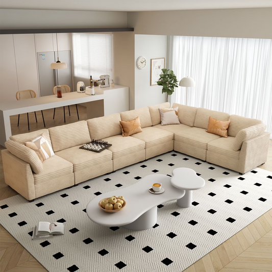 Vcatnet 163" Modular Sectional Sofa Cloud Couch Corduroy L Shaped Oversized Modern Minimalist Couch with Deep Seat for Living Room, 7 Seat, Beige