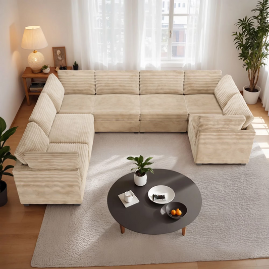 Vcatnet 130.7" Modular Sectional Sofa Cloud Couch Corduroy L Shaped Oversized Modern Minimalist Couch with Deep Seat for Living Room, 7 Seat, Beige
