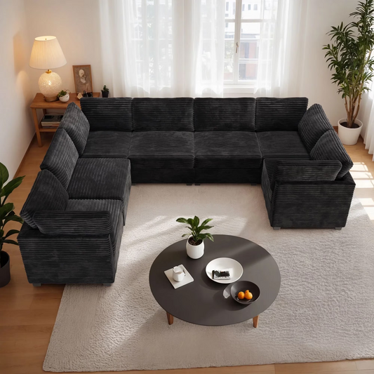 Vcatnet 130.7" Modular Sectional Sofa Cloud Couch Corduroy L Shaped Oversized Modern Minimalist Couch with Deep Seat for Living Room, 7 Seat, Black