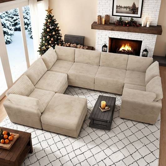 Vcatnet 130.7" Modular Sectional Sofa Couch Corduroy L Shaped Oversized Modern Minimalist Couch with Deep Seat and Ottoman for Living Room, 7 Seat, Beige