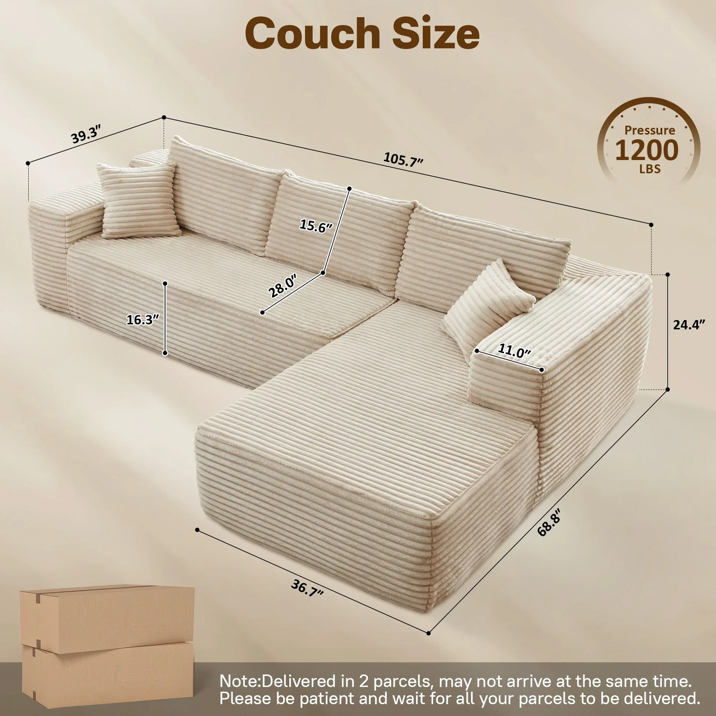 Vcatnet 106" Modular Sectional Sofa Couch Plush Corduroy Cloud Couch L Shaped Modern Minimalist Couch with Chaise for Living Room