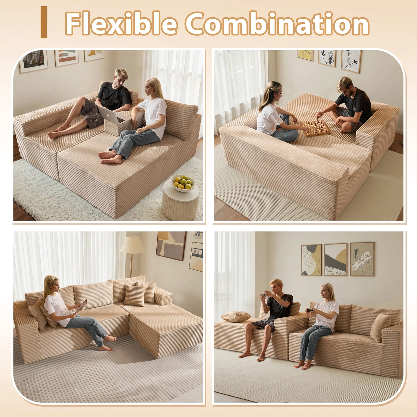 Vcatnet 106" Modular Sectional Sofa Couch Plush Corduroy Cloud Couch L Shaped Modern Minimalist Couch with Chaise for Living Room