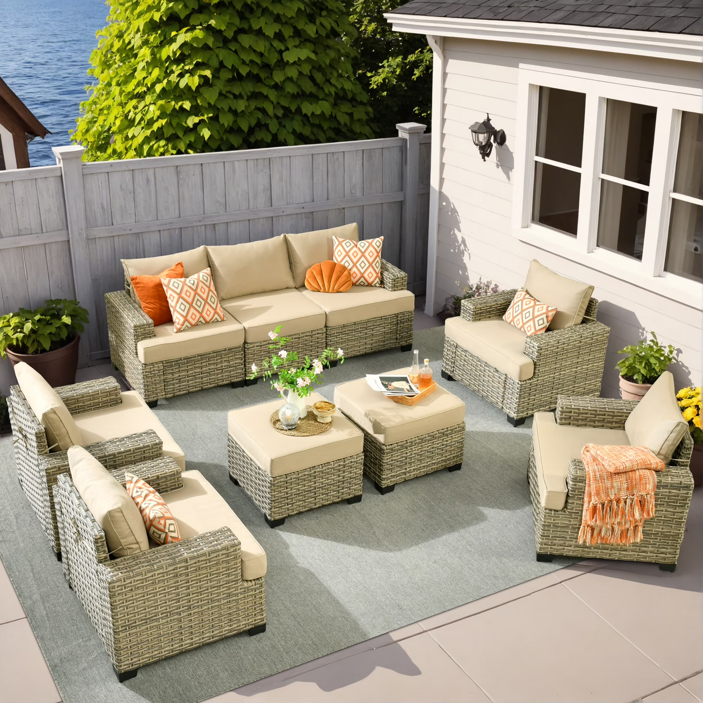 Vcatnet 7 Pieces Outdoor Patio Furniture Sectional Sofa Wicker Conversation Set with Ottomans