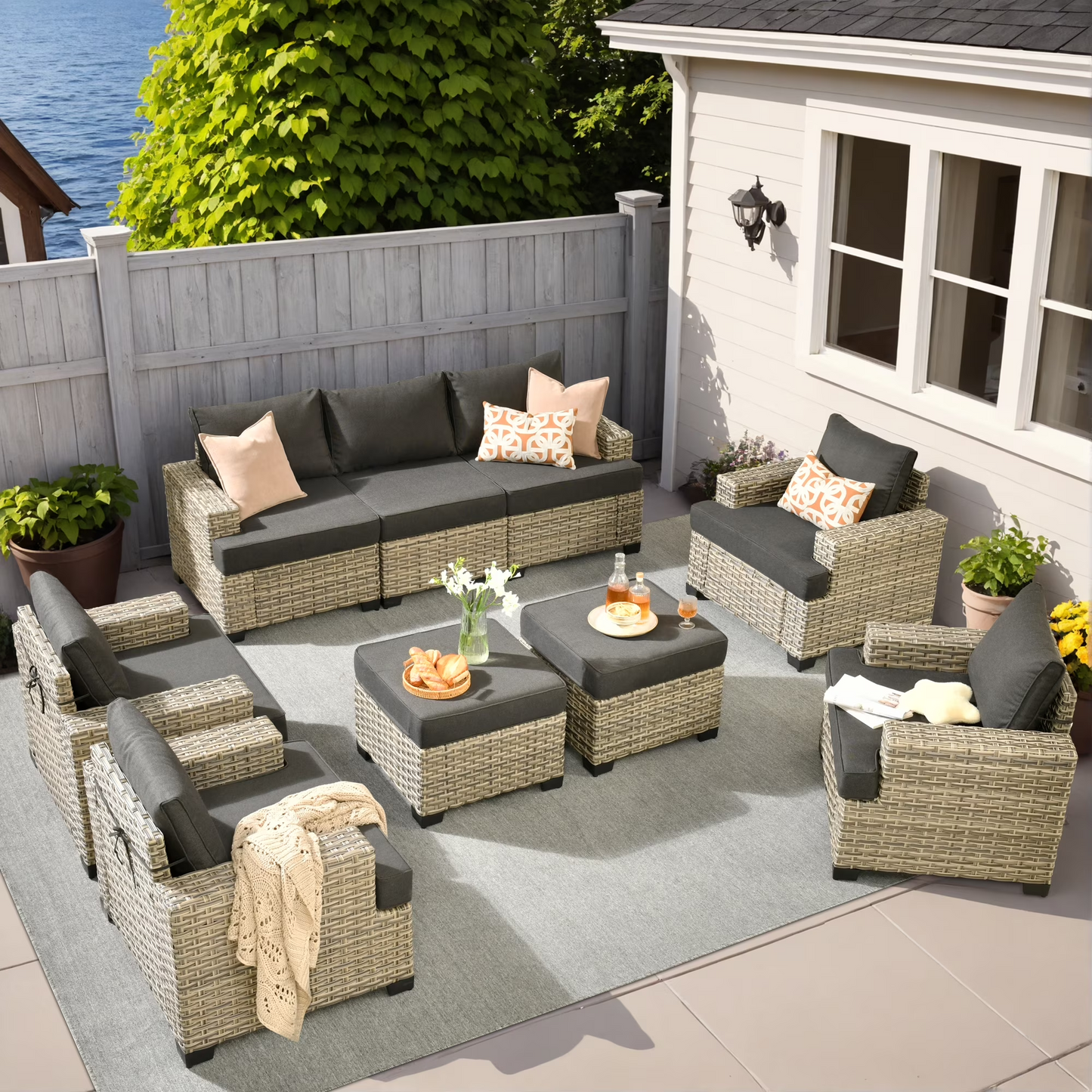 Vcatnet 7 Pieces Outdoor Patio Furniture Sectional Sofa Wicker Conversation Set with Ottomans