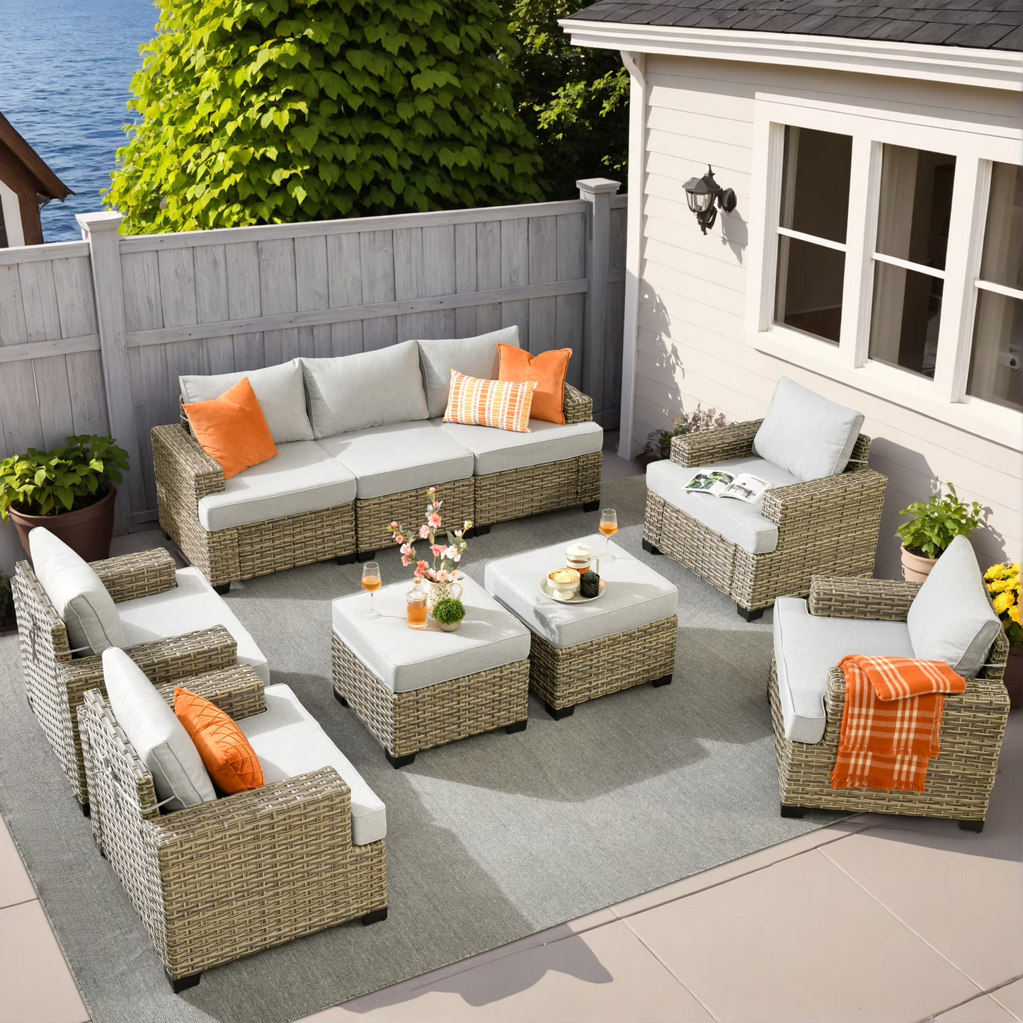 Vcatnet 7 Pieces Outdoor Patio Furniture Sectional Sofa Wicker Conversation Set with Ottomans