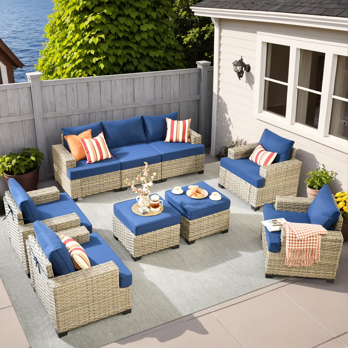 Vcatnet 7 Pieces Outdoor Patio Furniture Sectional Sofa Wicker Conversation Set with Ottomans