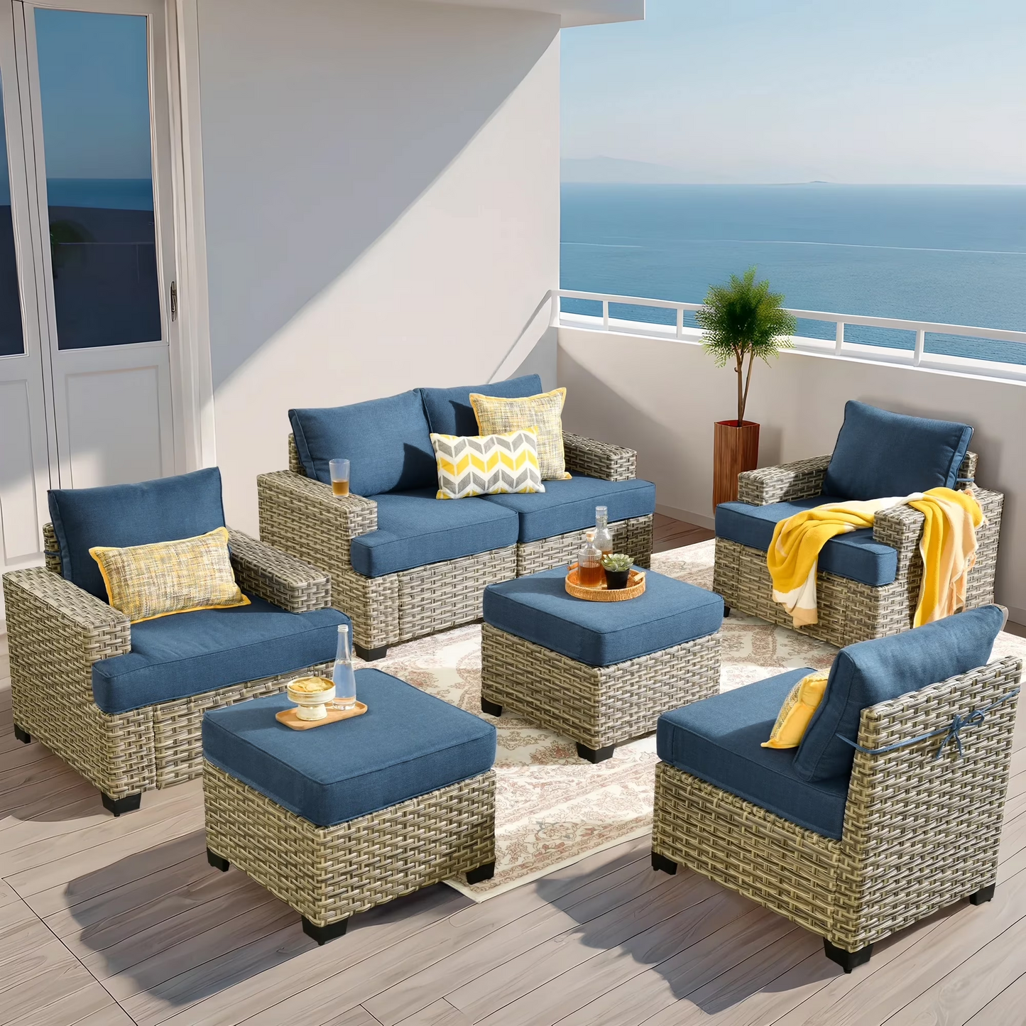 Vcatnet 7 Pieces Outdoor Patio Furniture Sectional Sofa Wicker Conversation Set with Ottomans