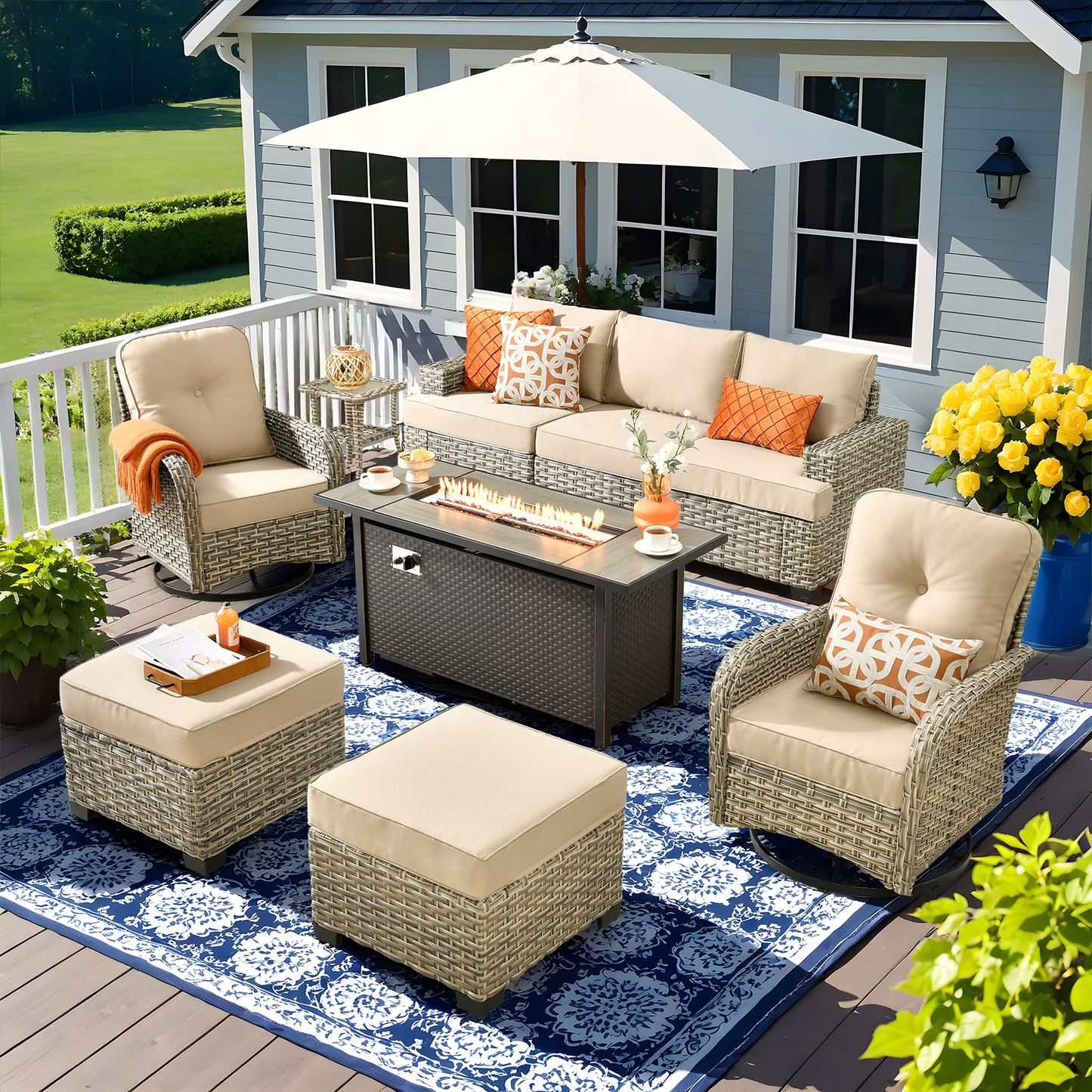 Vcatnet 7 Pieces Outdoor Patio Furniture Sectional Sofa Wicker Conversation Set with Ottomans