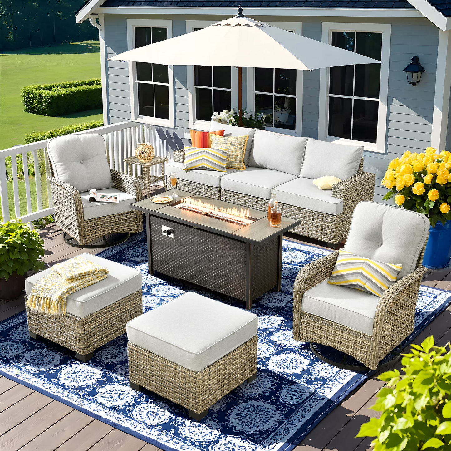 Vcatnet 7 Pieces Outdoor Patio Furniture Sectional Sofa Wicker Conversation Set with Ottomans