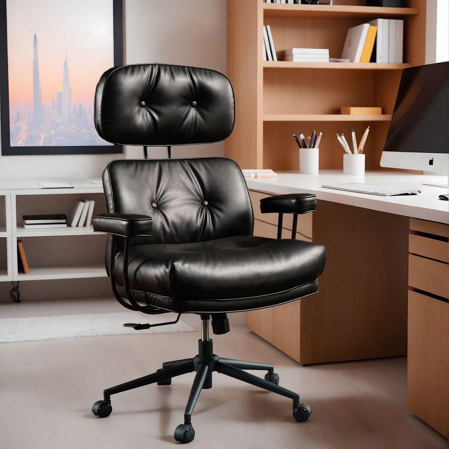 Vcatnet Ergonomic Executive Office Chair, High Back Computer Chair with Lumbar Support, PU Leather Mid-Century Modern Adjustable Home Office Desk Chair