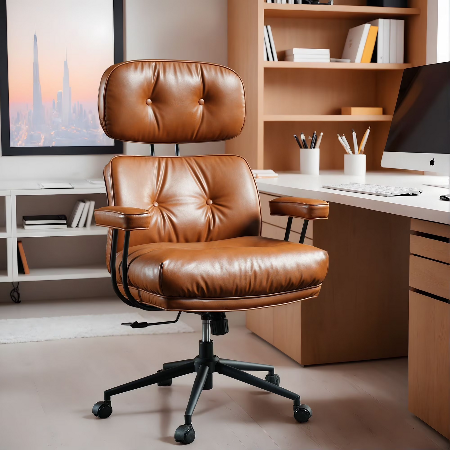 Vcatnet Ergonomic Executive Office Chair, High Back Computer Chair with Lumbar Support, PU Leather Mid-Century Modern Adjustable Home Office Desk Chair