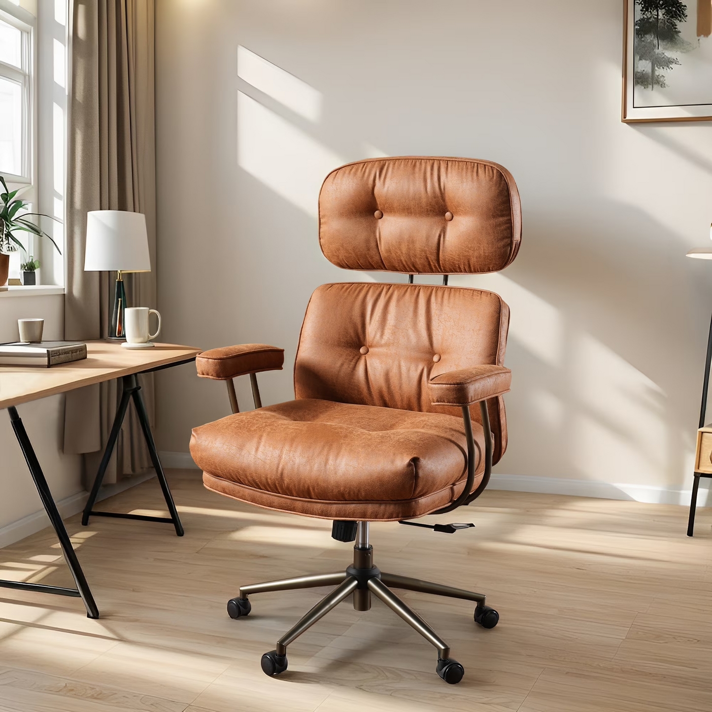 Vcatnet Ergonomic Executive Office Chair, High Back Computer Chair with Lumbar Support, PU Leather Mid-Century Modern Adjustable Home Office Desk Chair