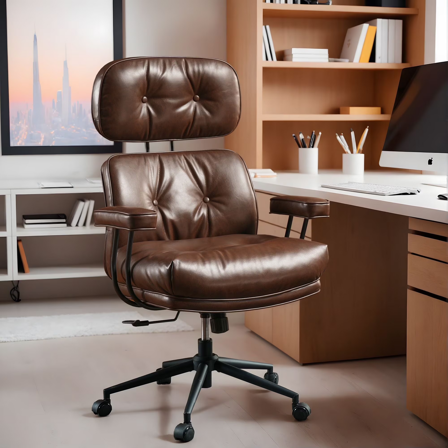 Vcatnet Ergonomic Executive Office Chair, High Back Computer Chair with Lumbar Support, PU Leather Mid-Century Modern Adjustable Home Office Desk Chair