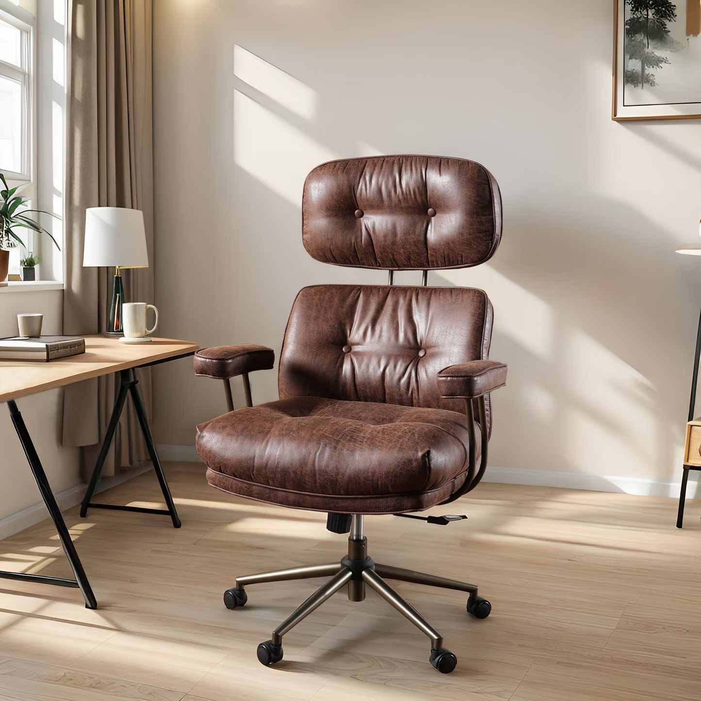 Vcatnet Ergonomic Executive Office Chair, High Back Computer Chair with Lumbar Support, PU Leather Mid-Century Modern Adjustable Home Office Desk Chair