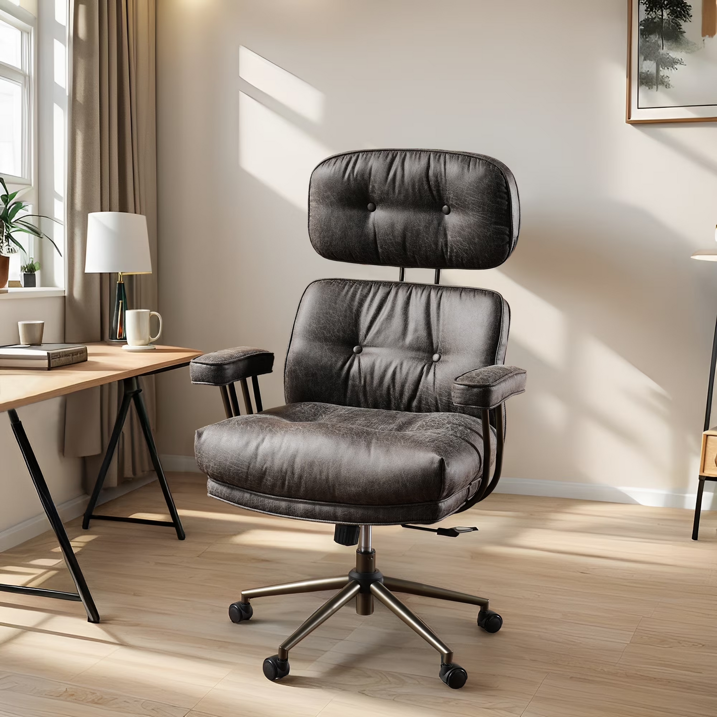 Vcatnet Ergonomic Executive Office Chair, High Back Computer Chair with Lumbar Support, PU Leather Mid-Century Modern Adjustable Home Office Desk Chair