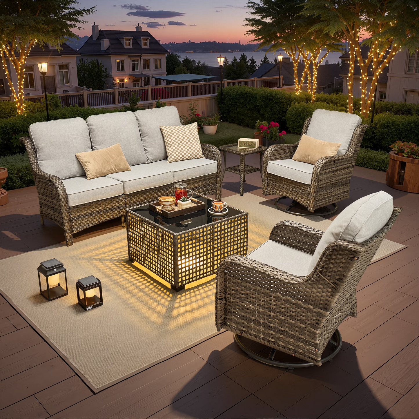 Vcatnet 6 Pieces Outdoor Patio Furniture Wicker High-Back Conversation Set with Swivel Rocking Chairs and Ottoman