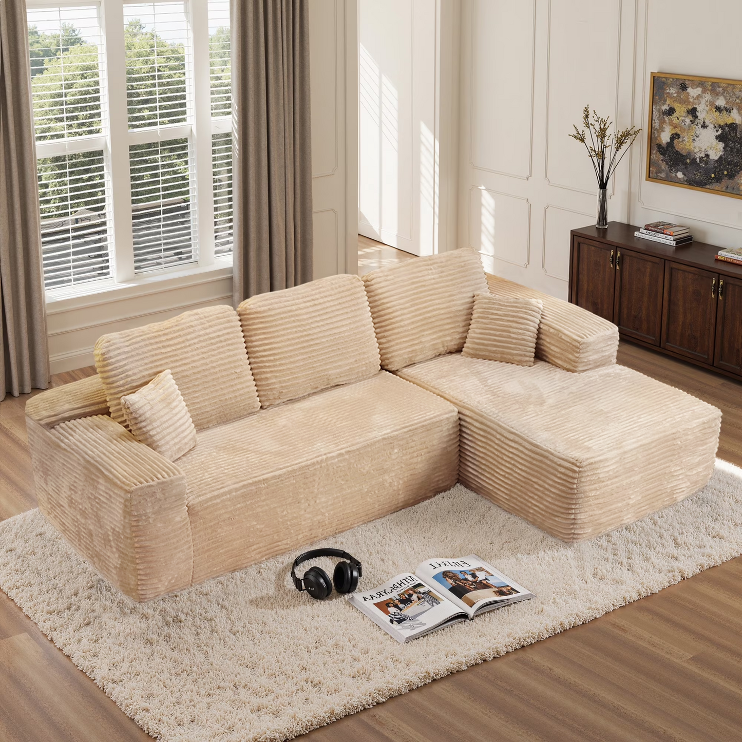 Vcatnet 106" Modular Sectional Sofa Couch Plush Corduroy Cloud Couch L Shaped Modern Minimalist Couch with Chaise for Living Room