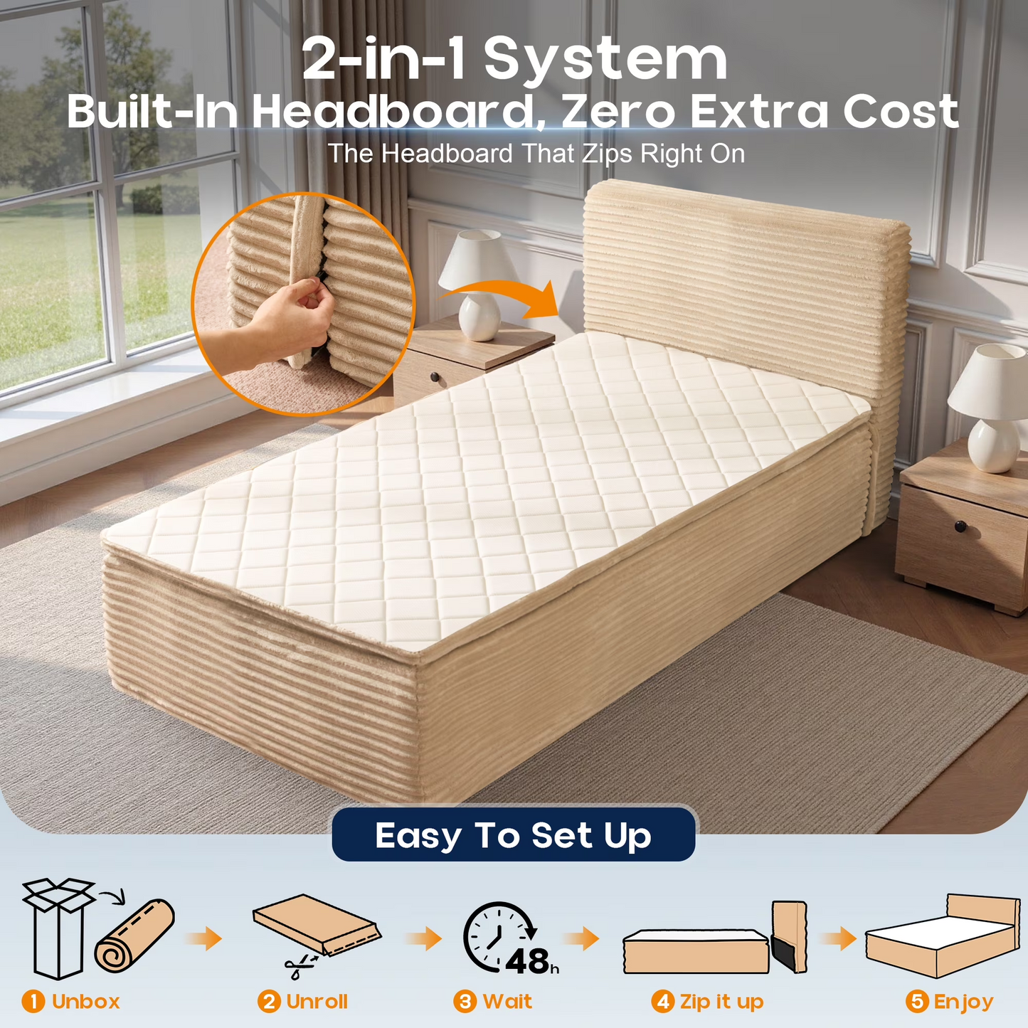 Vcatnet Twin Mattress with Headboard, 16.7 inch Hybrid Memory Foam Mattress in a Box, Corduroy Floor Bed, No Assembly Required, Beige