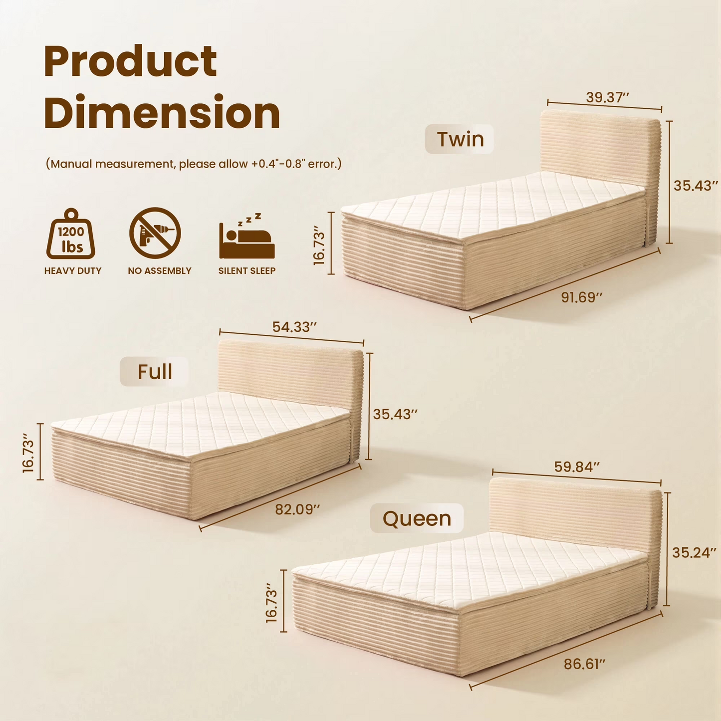Vcatnet Twin Mattress with Headboard, 16.7 inch Hybrid Memory Foam Mattress in a Box, Corduroy Floor Bed, No Assembly Required, Beige