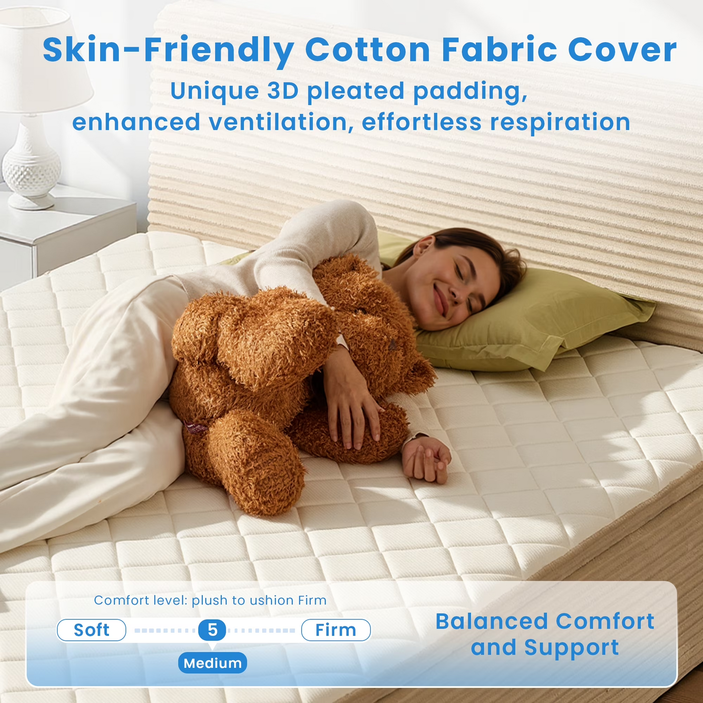 Vcatnet Twin Mattress with Headboard, 16.7 inch Hybrid Memory Foam Mattress in a Box, Corduroy Floor Bed, No Assembly Required, Beige