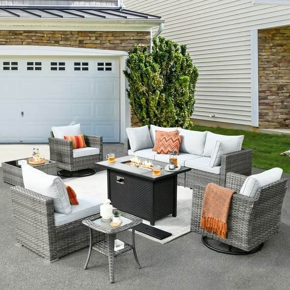 Vcatnet 6 Pieces Outdoor Patio Furniture with Fire Pit, Wicker Outdoor Conversation Set, Outdoor Sectional with Coffee Table
