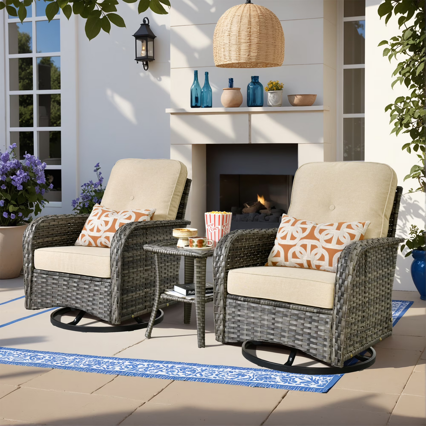 Vcatnet Outdoor Swivel Gliders Set of 2 with Side Table, 3 Pieces Outdoor Patio Furniture Wicker Swivel Rocking Chairs, Swivel Rocker Patio Chairs Set