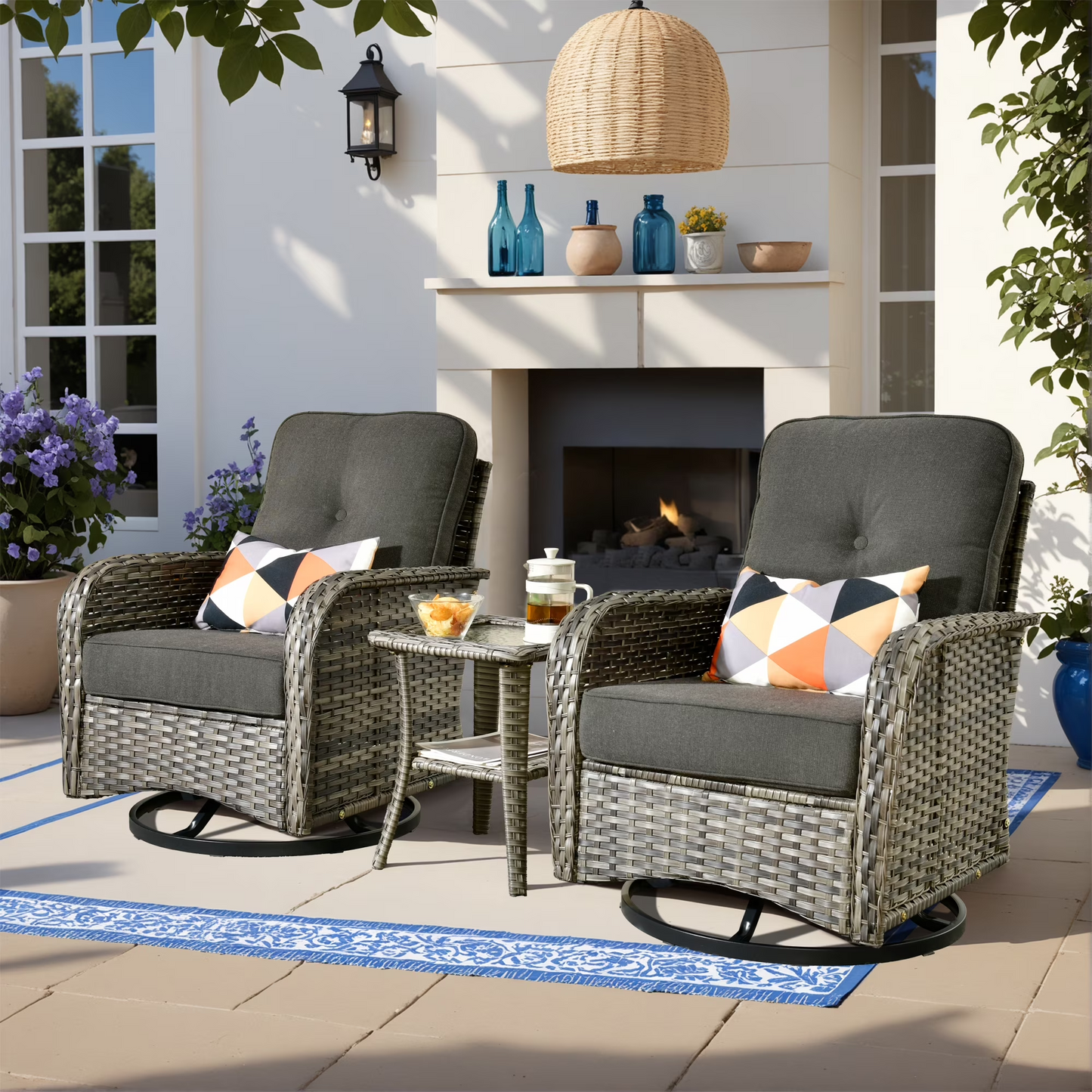 Vcatnet Outdoor Swivel Gliders Set of 2 with Side Table, 3 Pieces Outdoor Patio Furniture Wicker Swivel Rocking Chairs, Swivel Rocker Patio Chairs Set