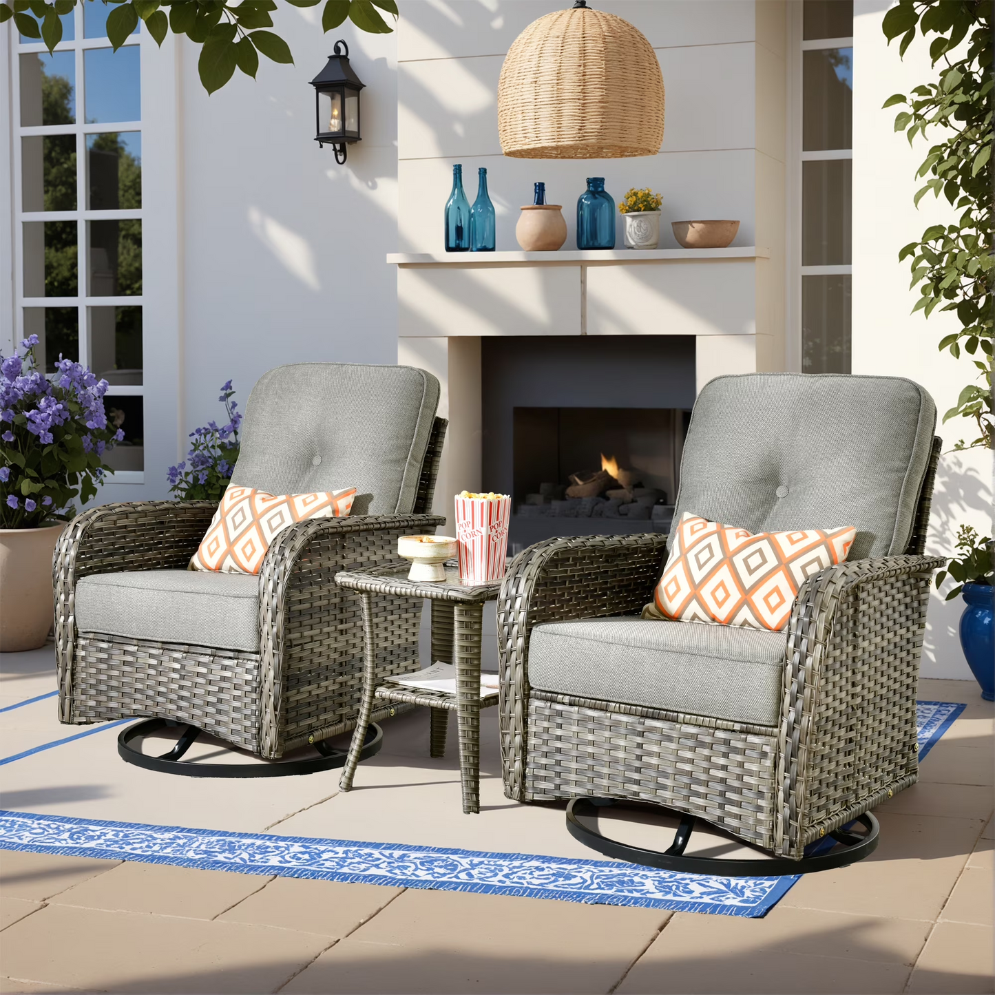 Vcatnet Outdoor Swivel Gliders Set of 2 with Side Table, 3 Pieces Outdoor Patio Furniture Wicker Swivel Rocking Chairs, Swivel Rocker Patio Chairs Set